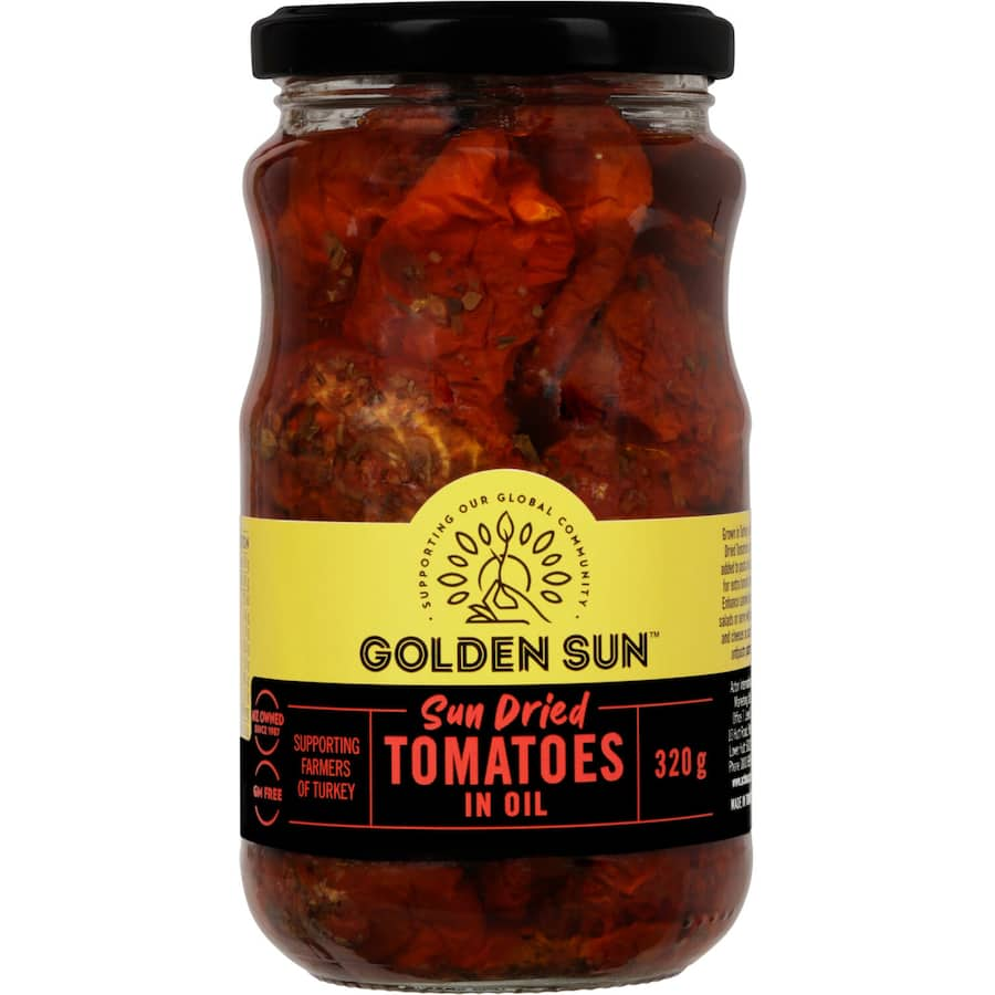 Golden Sun Sundried Tomatoes in oil, rich in flavor, perfect for pasta, salads, and antipasto platters, gluten-free.