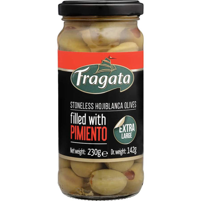 A jar of Fragata Green Pimento-Stuffed Olives, featuring vibrant green olives filled with savory pimento, perfect for snacking or gourmet dishes.