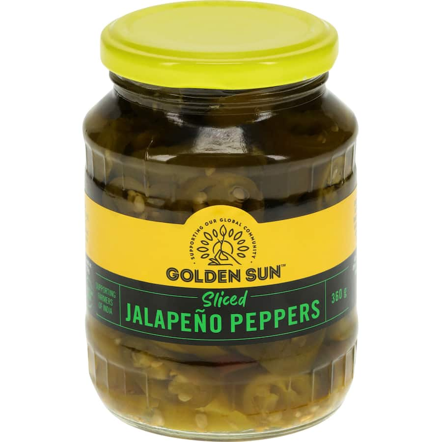 Sliced jalapenos in a jar, offering a spicy kick for tacos, nachos, and more, gluten-free and sustainably sourced from India.