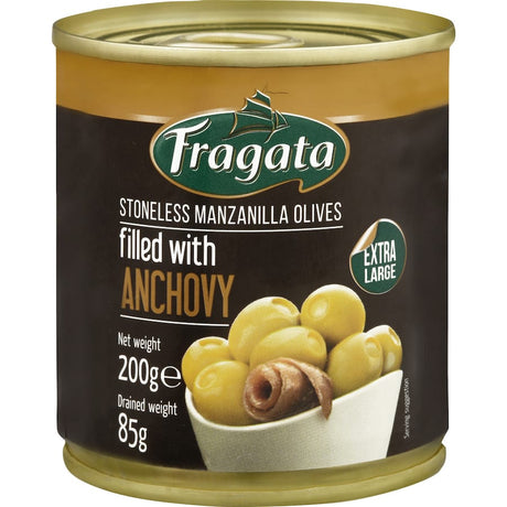 Plump Fragata olives filled with savory anchovies, perfect for antipasto platters and Mediterranean-inspired dishes.