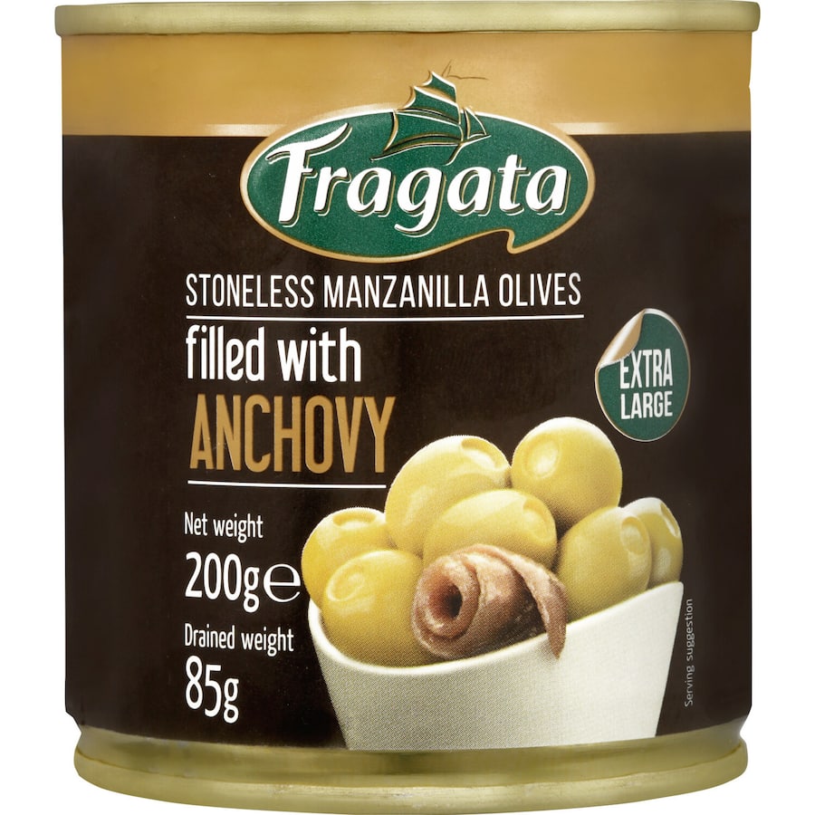 Gourmet Fragata olives stuffed with savory anchovies, perfect for antipasto platters and Mediterranean-inspired dishes.