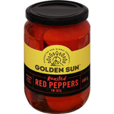 Vibrant Golden Sun Red Roasted Peppers in oil, perfect for salads, pizzas, dips, and stuffed dishes, gluten-free and delicious.