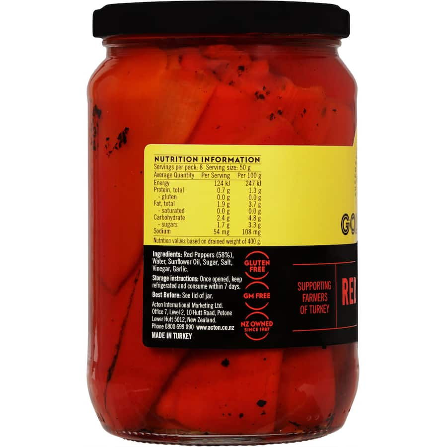 Vibrant Golden Sun Red Roasted Peppers in oil, ideal for salads, dips, and pasta sauces, perfect for gluten-free cooking.