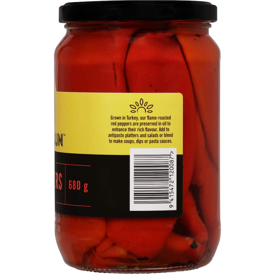 Vibrant Golden Sun roasted red peppers preserved in oil, perfect for salads, pizzas, dips, and stuffed dishes. Gluten-free delight!