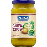 Cerebos Chow Chow relish in a jar, showcasing its chunky texture and tangy, spicy flavor, perfect for enhancing meals.