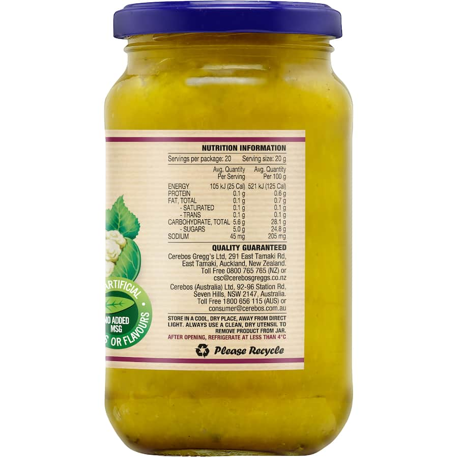 Cerebos Chow Chow in a jar, featuring chunky tangy relish for burgers, hot dogs, and sandwiches, made with natural ingredients.