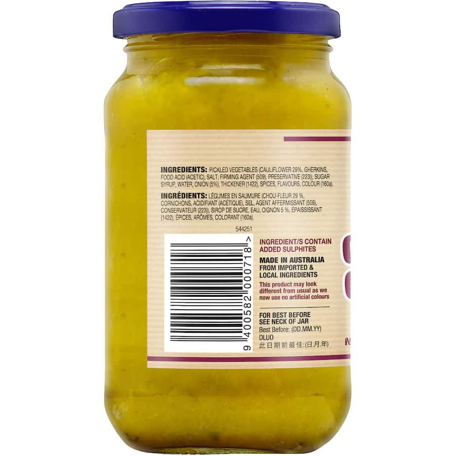 Cerebos Chow Chow relish in a jar, chunky and tangy, perfect for burgers, hot dogs, and enhancing various dishes.