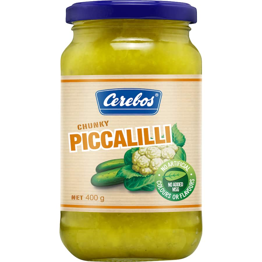 Cerebos Piccalilli jar showcasing chunky pickled vegetables, perfect for enhancing meals with bold, zesty flavor.