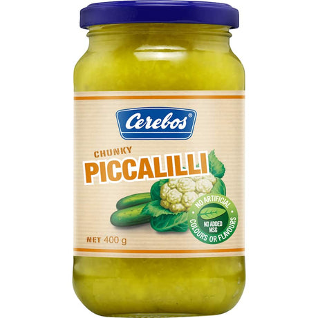 Cerebos Piccalilli jar showcasing chunky pickled vegetables, perfect for enhancing meals with bold, zesty flavor.