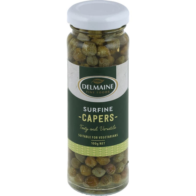 Delmaine Capers: gourmet surfines offering a briny burst of flavor, ideal for Mediterranean dishes and gourmet enhancements.