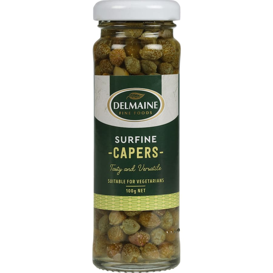 Delmaine Capers: gourmet surfines add a briny burst of flavor to Mediterranean dishes and enhance your culinary creations.