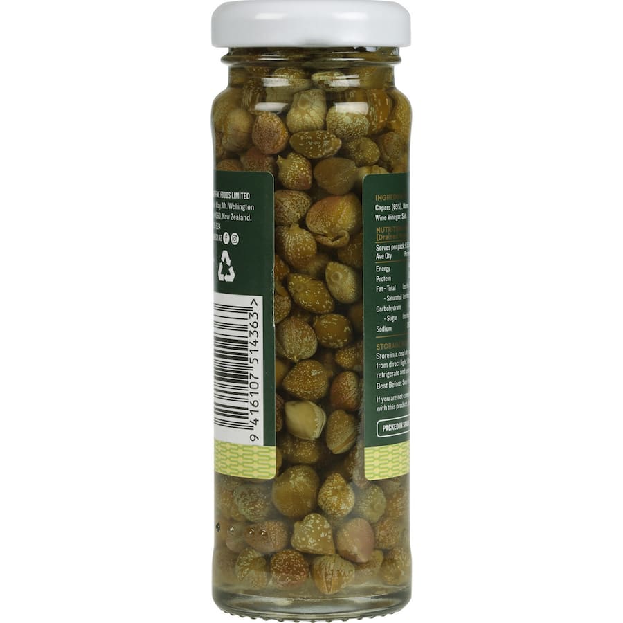 Delmaine Capers: gourmet surfines offering a briny flavor, perfect for enhancing Mediterranean dishes and garnishing meals.