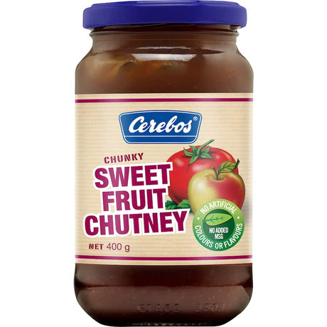 Cerebos Sweet Fruit Chutney jar showcasing chunky texture, bursting with tomato and sugared apple flavors, without artificial additives.