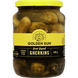 Golden Sun Gherkins: Gluten-free sour sweet whole gherkins, perfect for antipasto, burgers, and sustainable snacking.