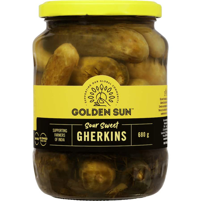 Golden Sun Gherkins: Gluten-free sour sweet whole gherkins, perfect for antipasto, burgers, and sustainable snacking.