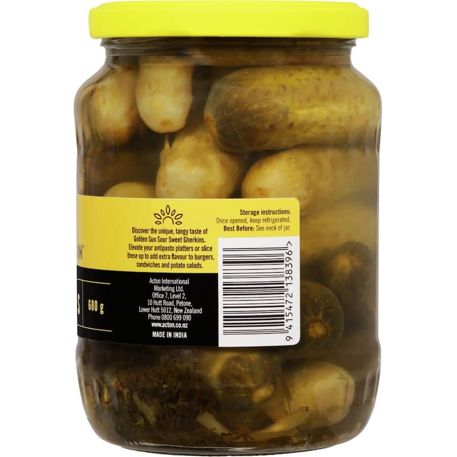 Whole Golden Sun Gherkins showcasing a sour sweet flavor, ideal for snacks, antipasto, or elevating various dishes.