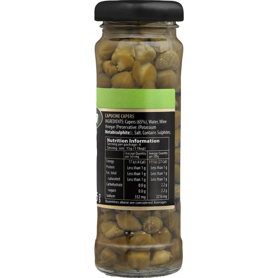 Glass jar of Fragata Capers from Spain, showcasing vibrant, crunchy capers perfect for enhancing pasta and salads.