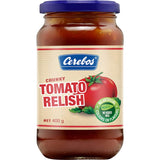 Chunky Cerebos Tomato Relish in a jar, perfect condiment for sandwiches, wraps, burgers, and delicious with meats and cheeses.