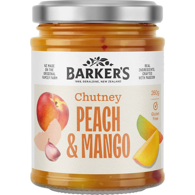 Barkers Chutney Mango & Peach features a vibrant blend of sweet mango and juicy peach, perfect for enhancing meals and charcuterie boards.