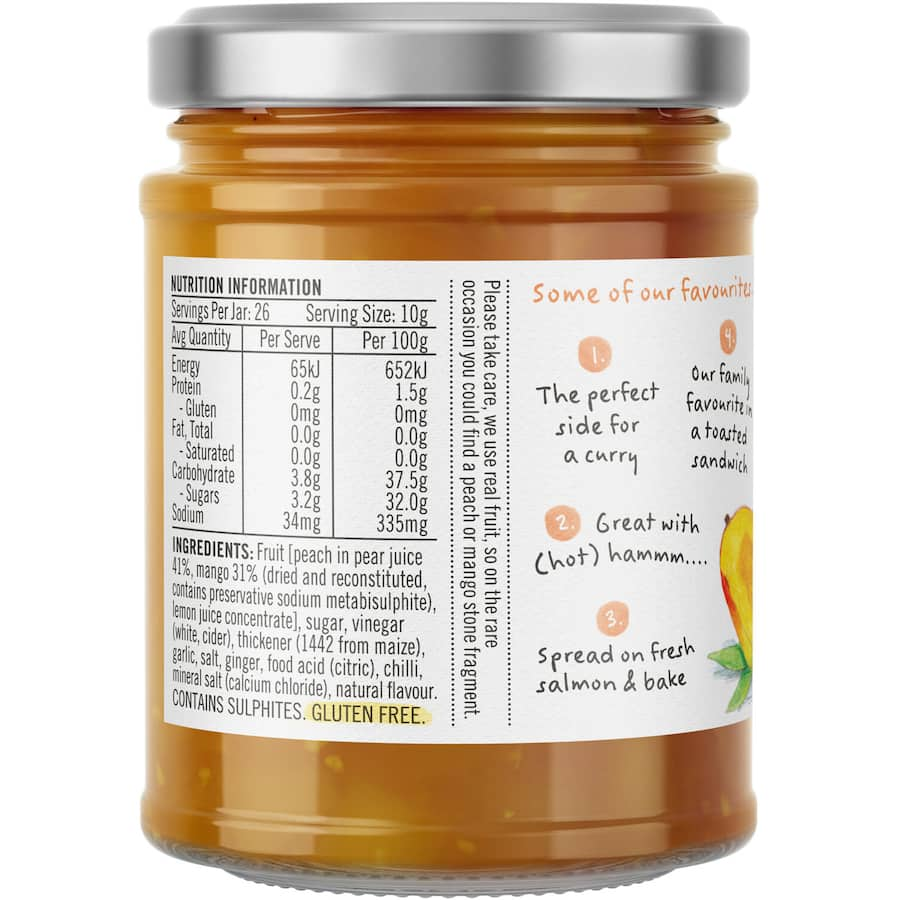 Vibrant Barkers Chutney Mango & Peach jar, featuring a gourmet blend of sweet mango and tangy peach, perfect for enhancing meals.