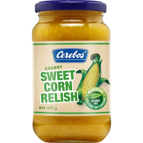 Cerebos Sweetcorn Relish: chunky, flavorful condiment with sweetcorn, onion, and celery, perfect for enhancing various dishes.