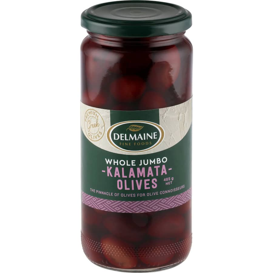 Large, dark purple Kalamata olives with firm texture, perfect for antipasto platters and Mediterranean culinary creations.