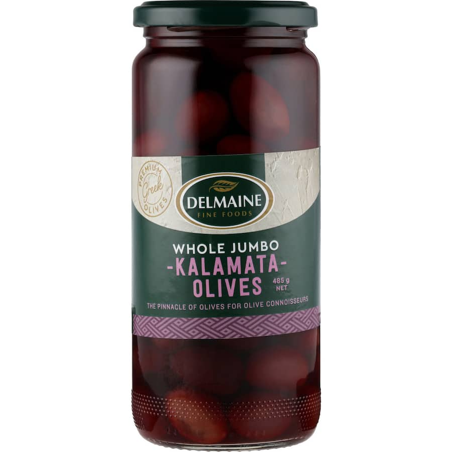 Jumbo Kalamata olives with a rich flavor, firm texture, and dark purple hue, perfect for antipasto and Mediterranean dishes.