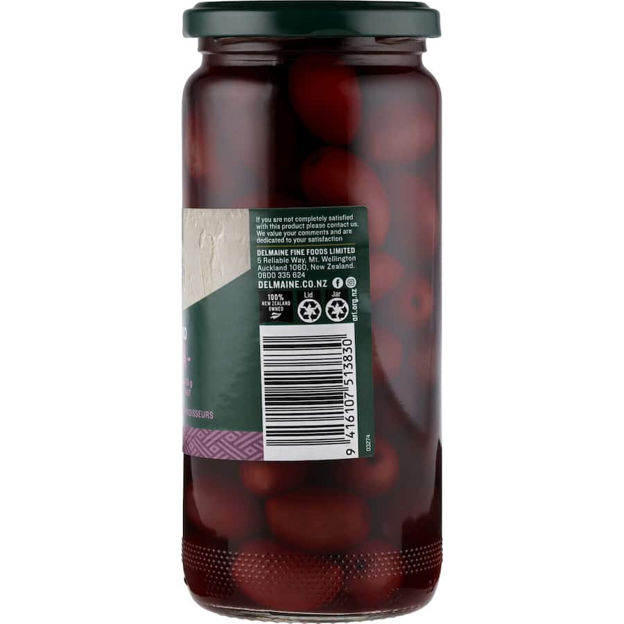 Delmaine Jumbo Kalamata olives, dark purple, firm texture, tangy flavor, perfect for antipasto and Mediterranean dishes.