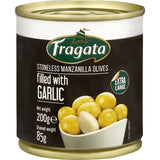 Garlic-stuffed Fragata olives from Spain, perfect for appetizers, salads, and Mediterranean dishes.