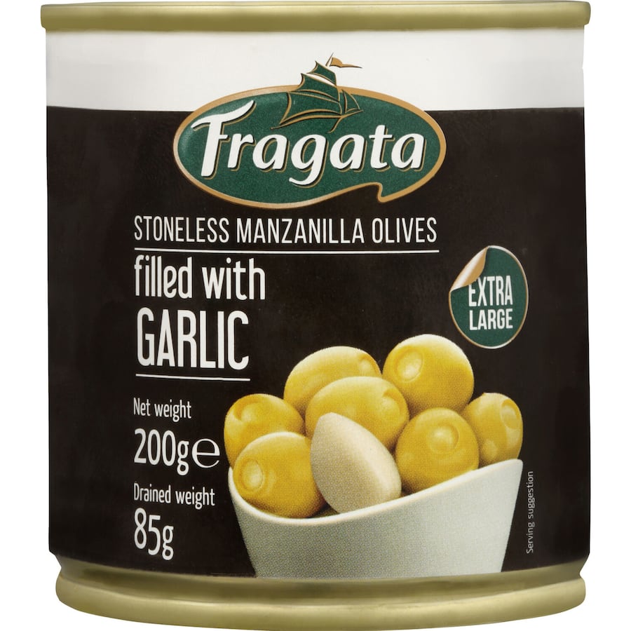 Garlic-stuffed Fragata olives, sourced from Spain, perfect for Mediterranean dishes and healthy snacking.