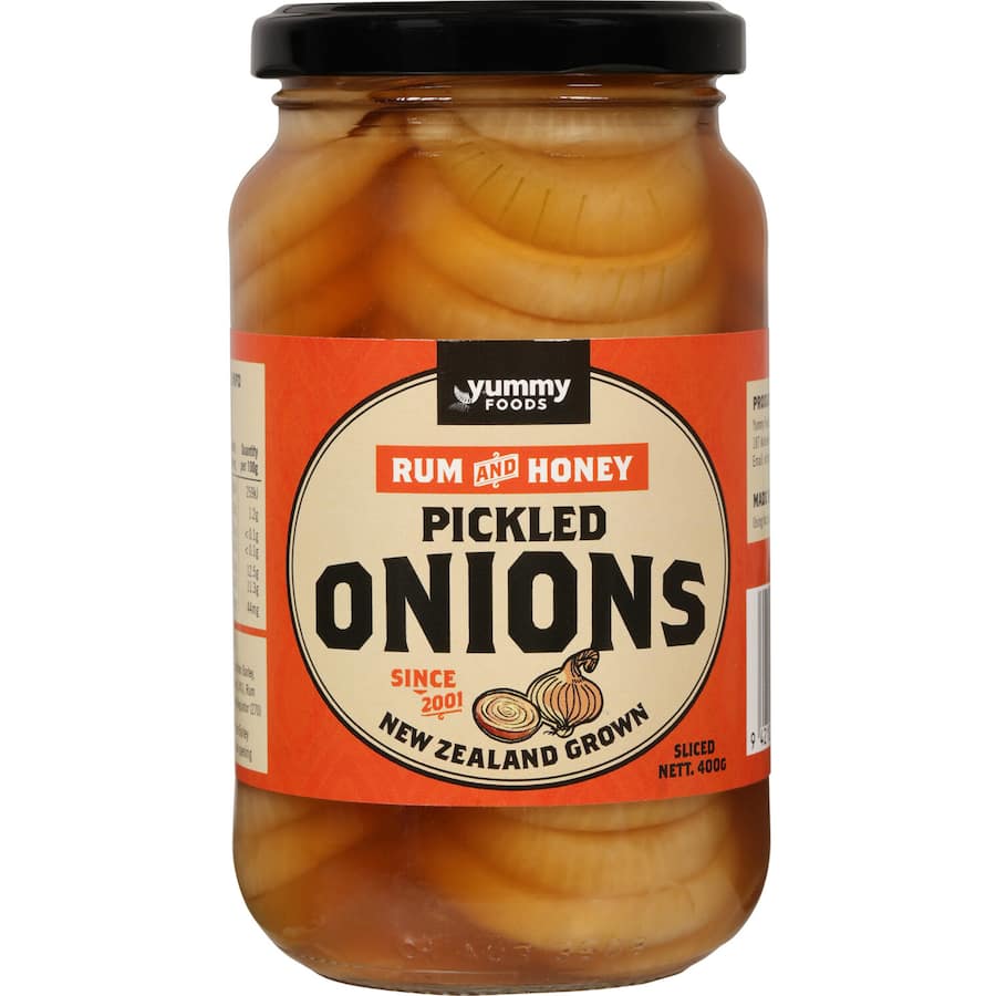 Bite-sized pickled onions infused with rum and honey, perfect for platters, sandwiches, and snacks.