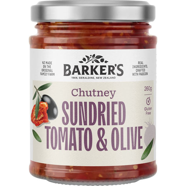 Barkers Chutney Sundried Tomato & Olive, a gourmet condiment of tomatoes and olives, perfect for enhancing meals and snacks.