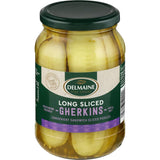 Delmaine Gherkins Long Sliced, tangy and crunchy, ideal for enhancing sandwiches, wraps, and paninis with sweet & sour flavor.