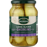 Delmaine Gherkins Long Sliced: tangy pre-sliced gherkins perfect for sandwiches, wraps, and paninis.