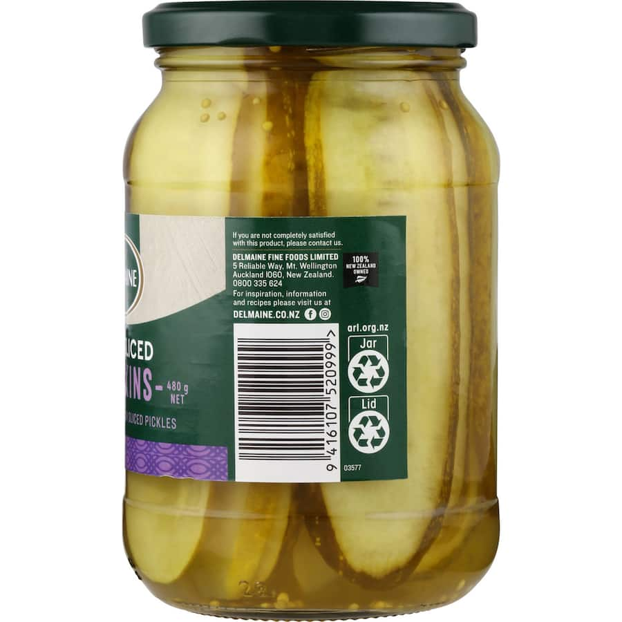 Delmaine Gherkins Long Sliced in a jar, offering tangy crunch for sandwiches, wraps, and paninis with sweet & sour flavor.