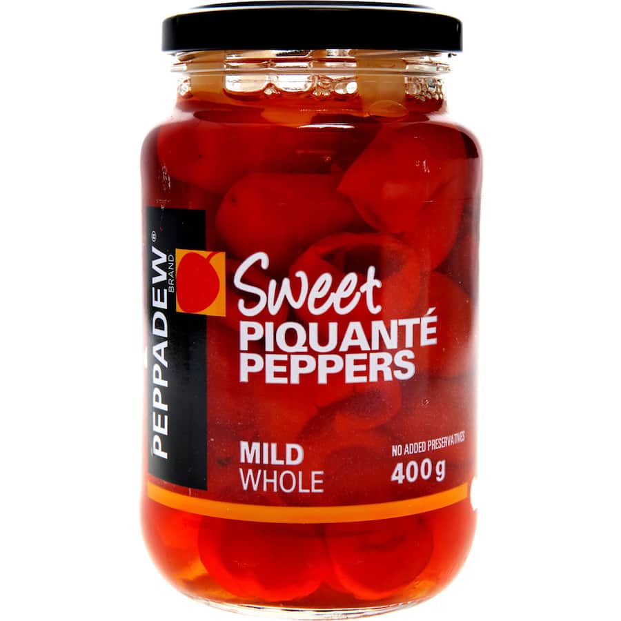 Vibrant Peppadew Peppers in a jar, sweet and mildly spicy, perfect for enhancing salads, sandwiches, and appetizers.