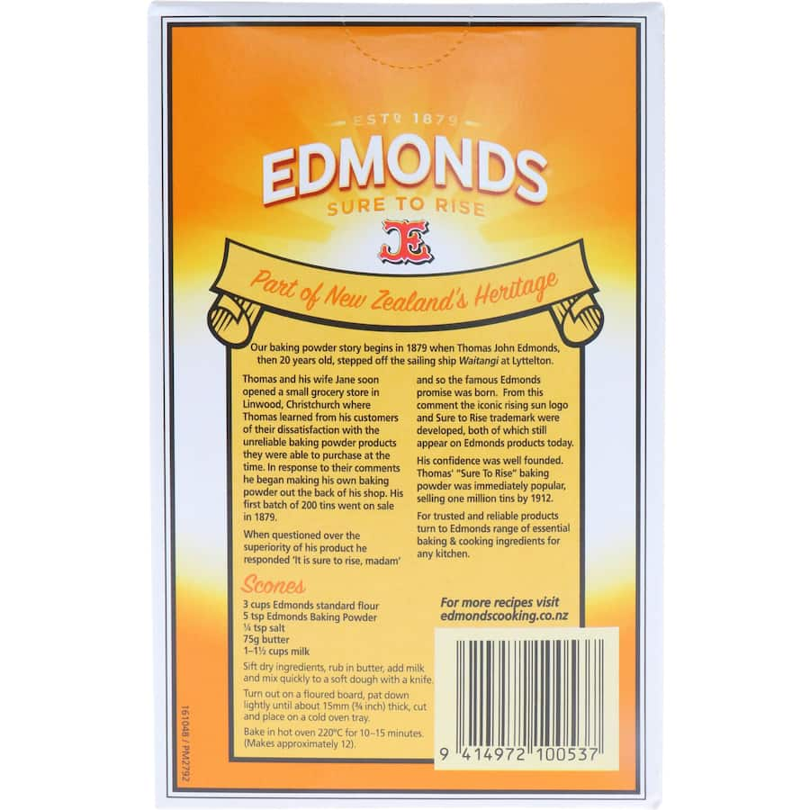 Edmonds Baking Powder: premium double-acting powder for light, fluffy baked goods; includes recipes on the packaging.