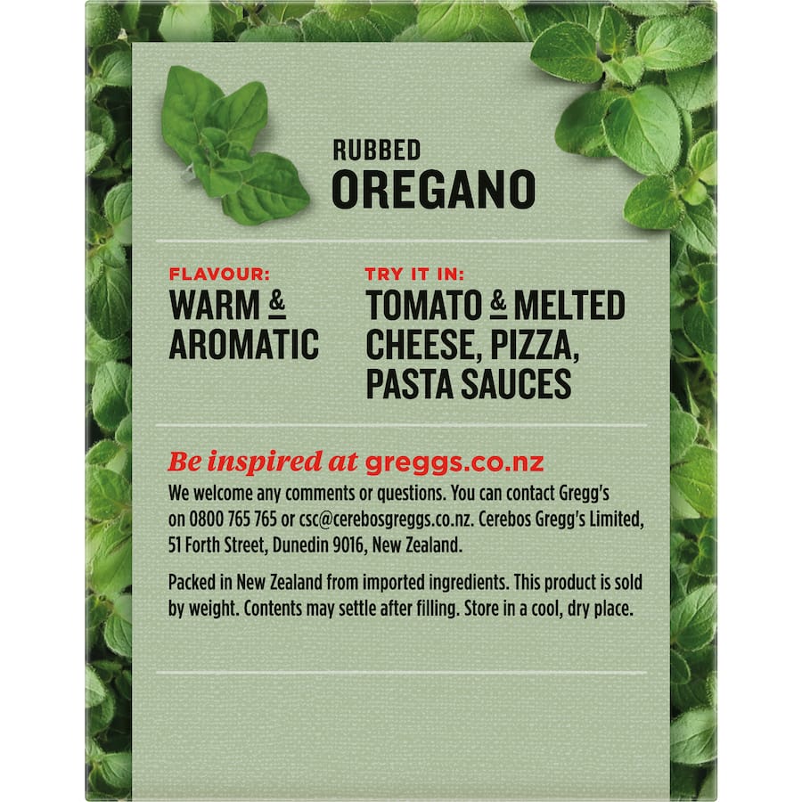 Greggs Oregano Rubbed, a fine dried herb, enhances dishes with its warm, aromatic flavor perfect for Italian and Mediterranean cuisine.