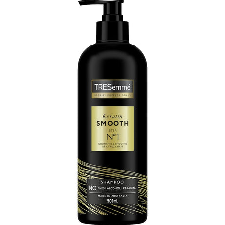 TRESemme Keratin Smooth Shampoo, designed to nourish and tame frizzy hair for silky softness and shine.