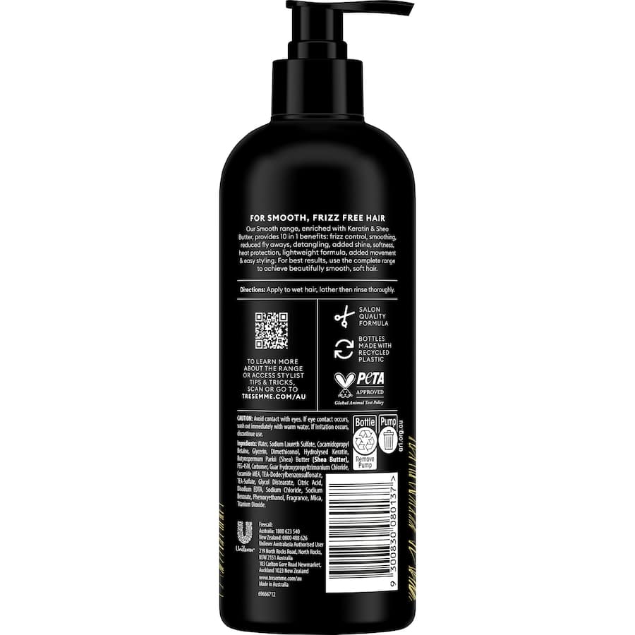 TRESemme Keratin Smooth Shampoo in a sleek bottle, designed to nourish and smooth dry, frizzy hair for silky softness.