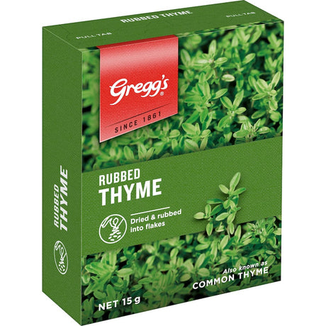 Aromatic Greggs Thyme Rubbed herb, perfect for enhancing soups, stews, meats, and savory baked goods.