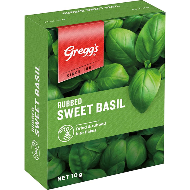 Gregg's Basil Sweet Rubbed: Aromatic dried basil flakes perfect for enhancing pizza, pasta, soups, and dressings.