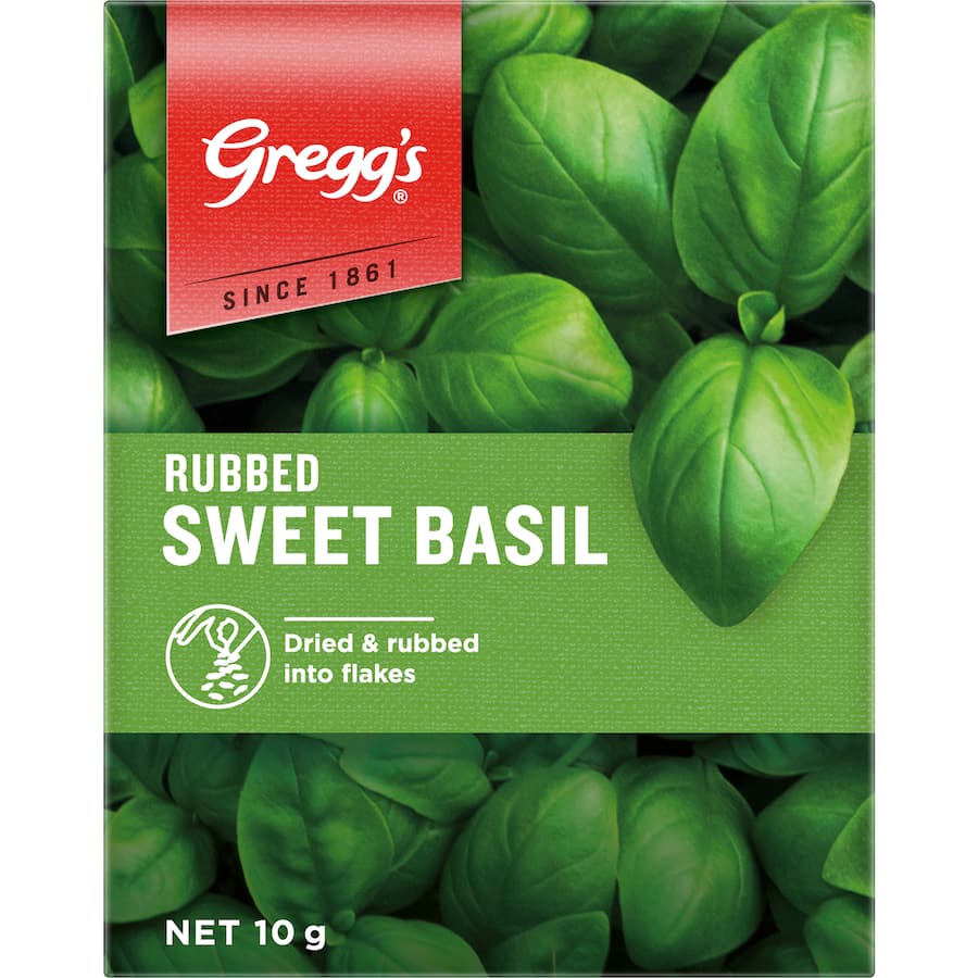 Dried basil flakes from Greggs, enhancing recipes with sweet aroma; perfect for pasta, pizza, soups, and dressings.