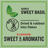 Aromatic Gregg's Basil Sweet Rubbed flakes, perfect for enhancing pizza, pasta, soups, and dressings with sweet flavor.