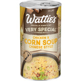 Wattie's Chicken & Corn Soup in a recyclable can, featuring tender NZ chicken, sweetcorn, and creamy potatoes, 98% fat free.