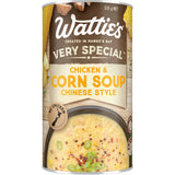 A can of Wattie's Very Special Chicken & Corn Soup featuring tender chicken, sweetcorn, and creamy potatoes, 98% fat-free.