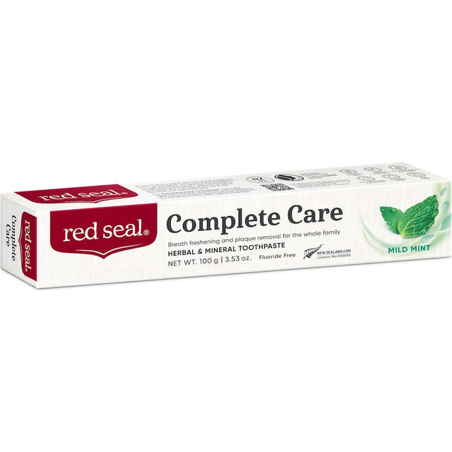 Red Seal Complete Care Mild Mint toothpaste in a tube, designed for gentle plaque removal and breath freshening for family use.
