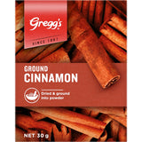 A bag of Greggs Cinnamon Ground, essential for baking and international dishes with a sweet, woody flavor.