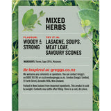 A vibrant blend of thyme, sage, and marjoram, Greggs Mixed Herbs enhances the flavor of various dishes.