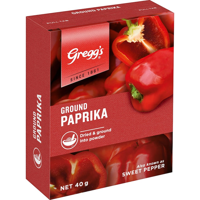 Ground paprika spice from Greggs, featuring a rich red color and mild, sweet flavor for enhancing various dishes.